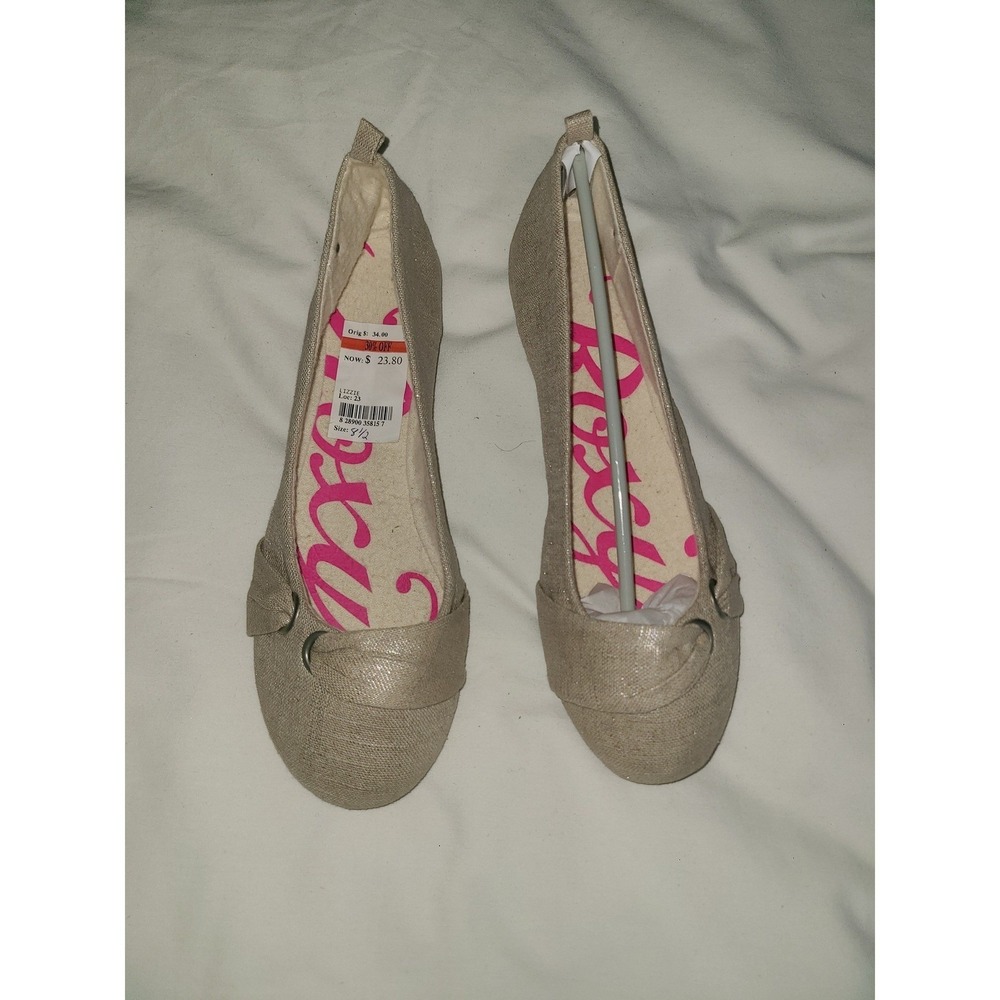 Roxy Lizzie Natural Linen Ballet Flats Womens 8.5 Tan Metallic Slip On Shoes NEW